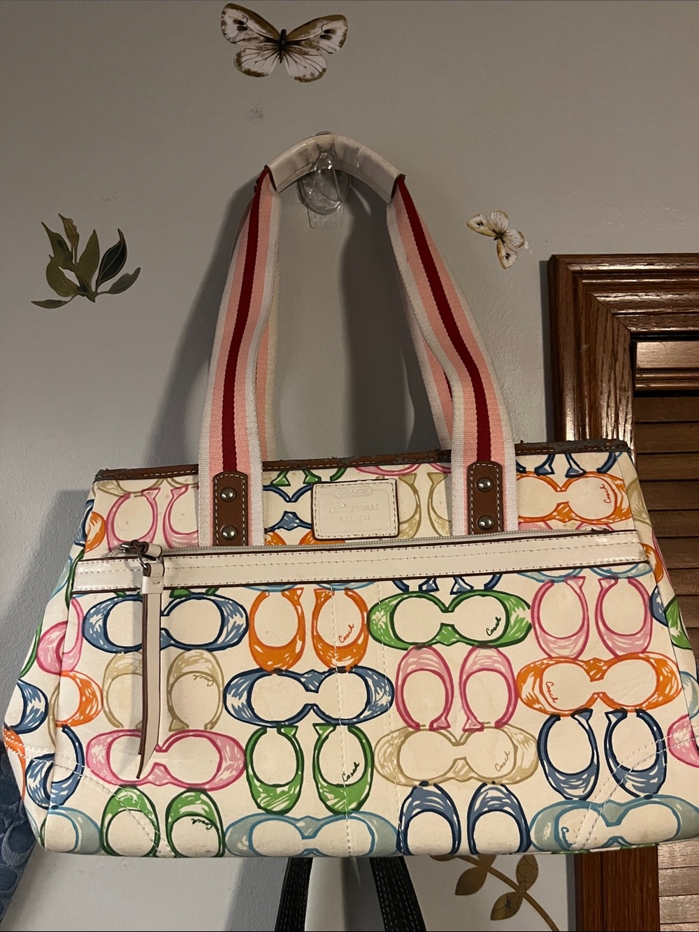 Coach Multicolor Signature Print Tote with Pink-Trim Striped Handles